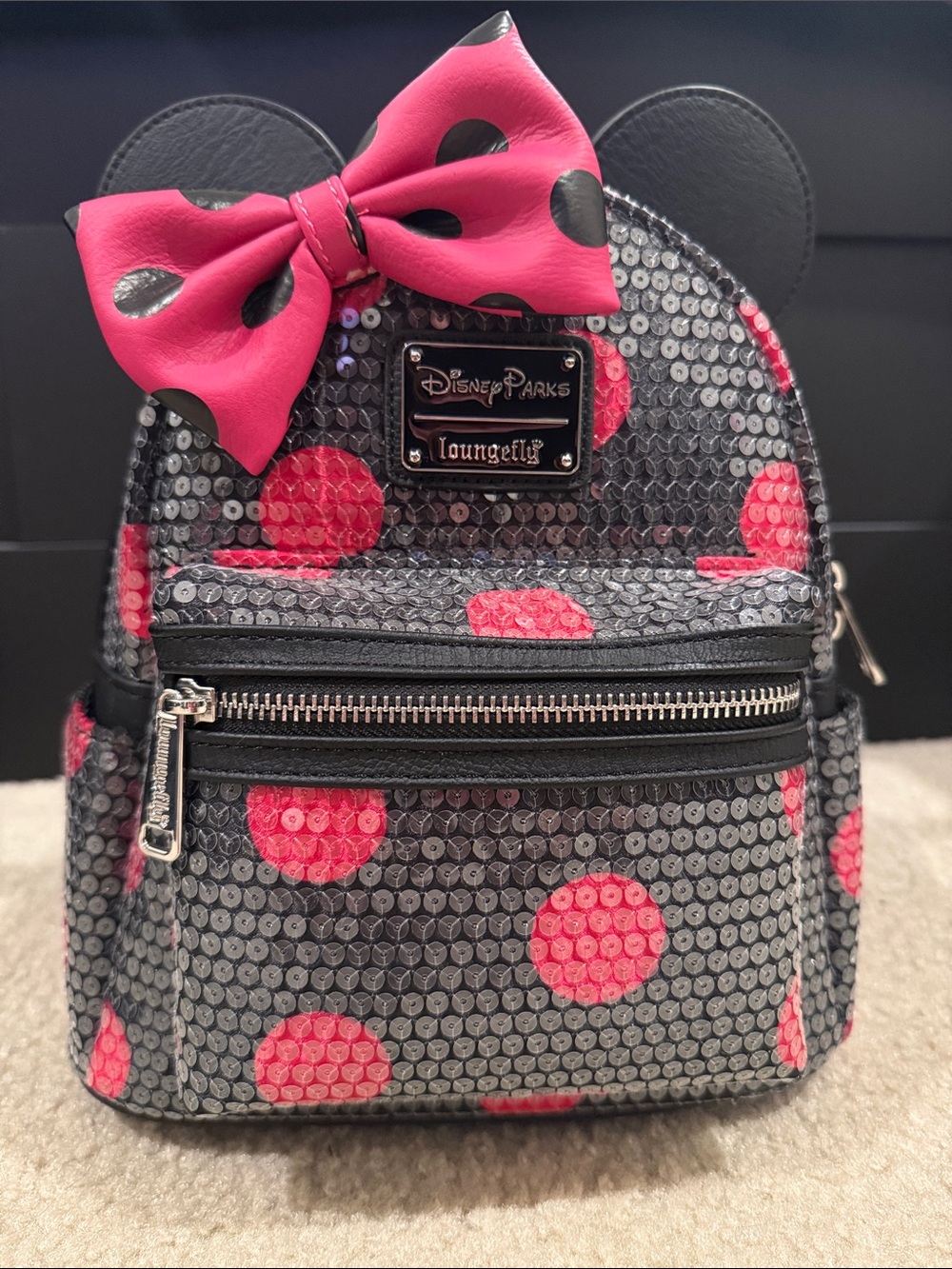 Loungefly Disney Parks Sequin Polka Dot Bow Backpack - Black & Pink